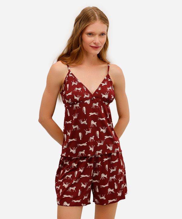 pijama short doll feminino animal print vinho PP
