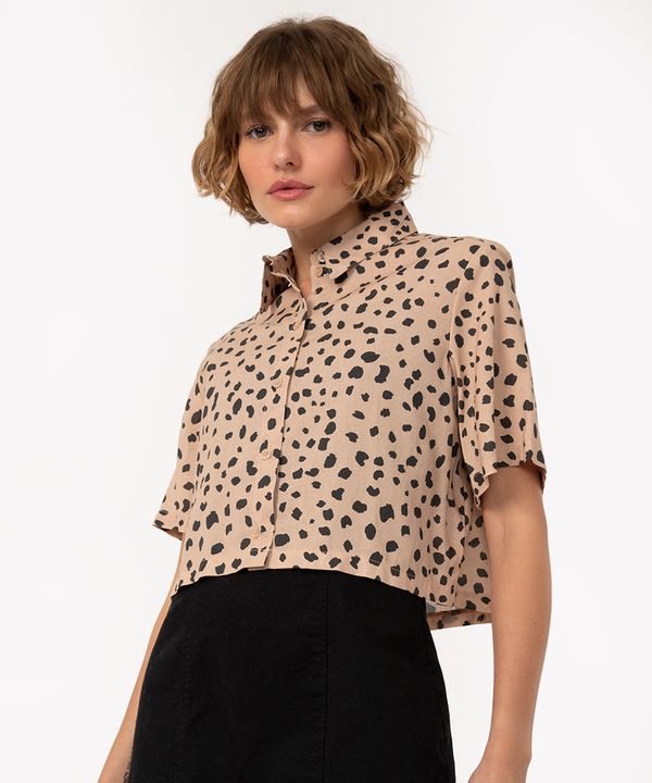 camisa cropped de algodão animal print manga curta bege PP