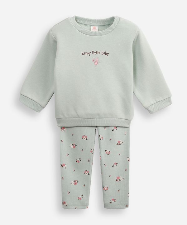 conjunto infantil longo de moletom happy little baby floral verde 9-12