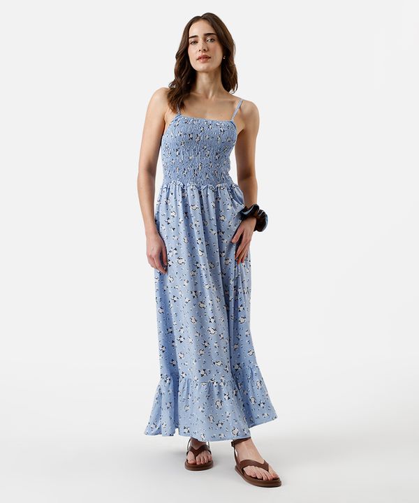 vestido longo feminino de viscose com recorte e lastex floral azul GG