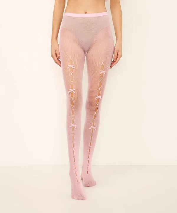 meia calça arrastão com laços rosa UNICO