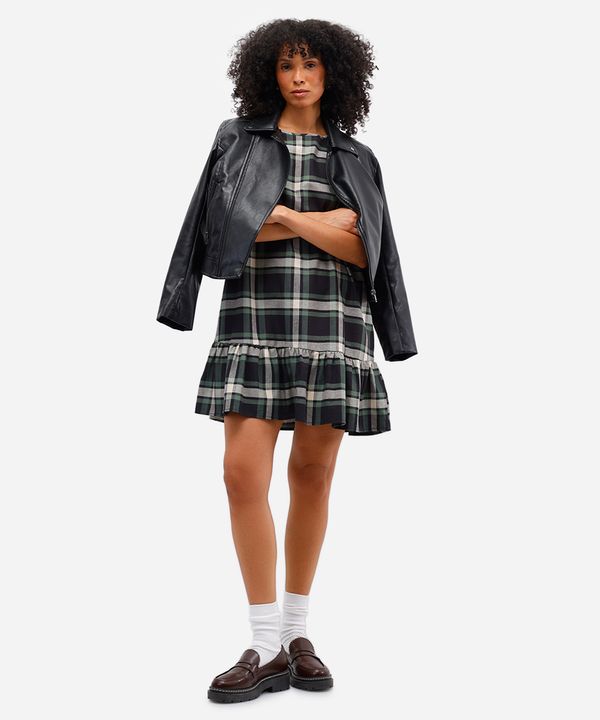 vestido curto feminino de algodão com babado xadrez verde PP