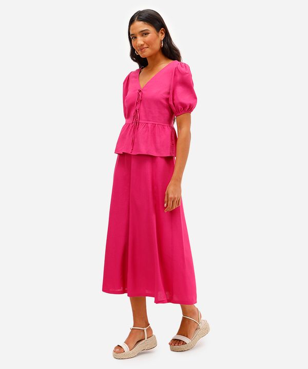 saia midi feminina com linho e recortes rosa 38