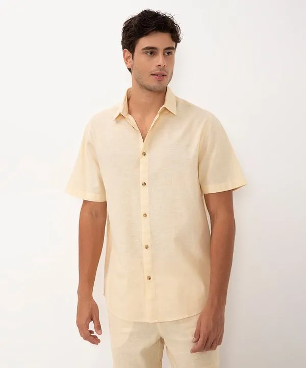 camisa de algodão com botões manga curta amarelo claro M