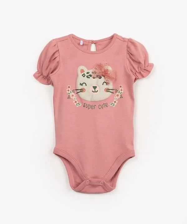 body infantil de malha ursinha manga curta rosa escuro 3-6