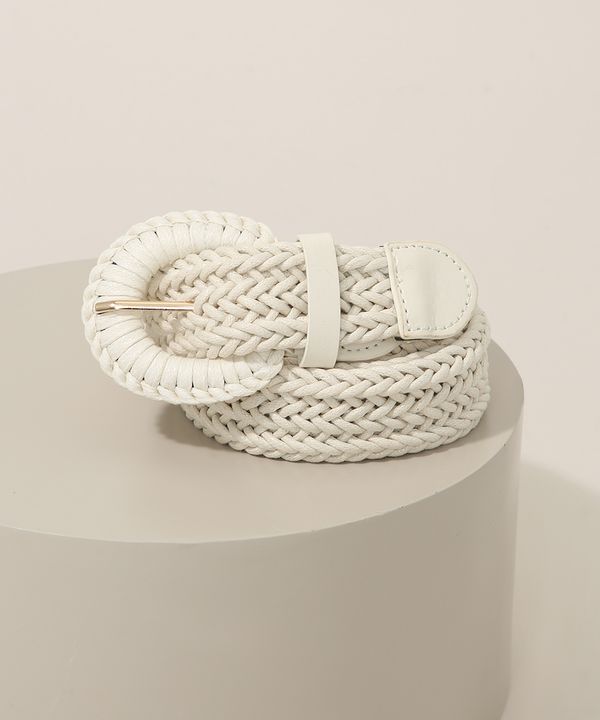 Cinto Feminino Largo Tressê com Fivela Redonda Off White 90CM