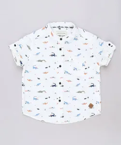 Camisa Infantil Estampada de Dinossauros com Bolso Manga Curta Gola Padre Off White 2