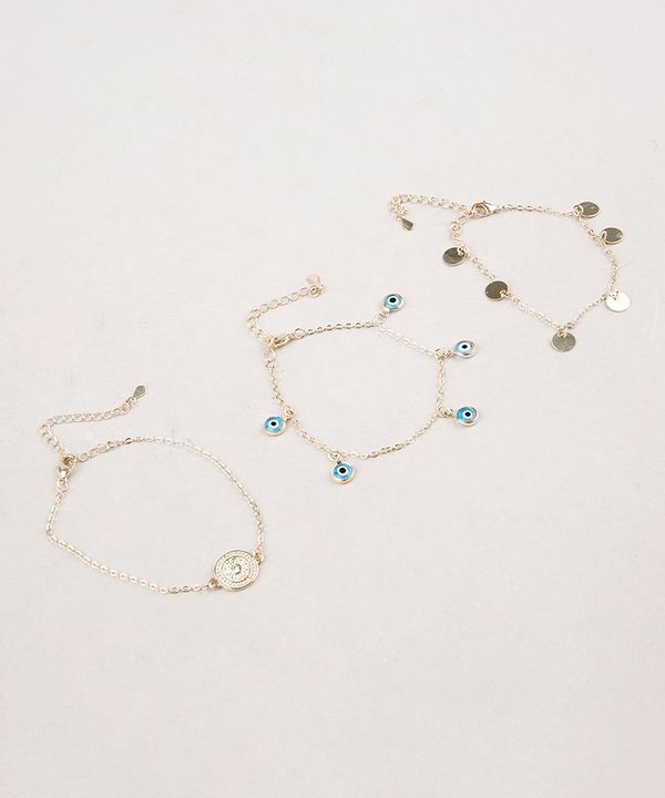 Kit de 3 Pulseiras Femininas Folheadas com Pingentes de Amuletos Dourado Único