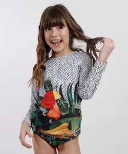 Blusa de Praia Infantil Água de Coco Estampada Cesto de Frutas Manga Longa com Proteção UV50+ Off White 4