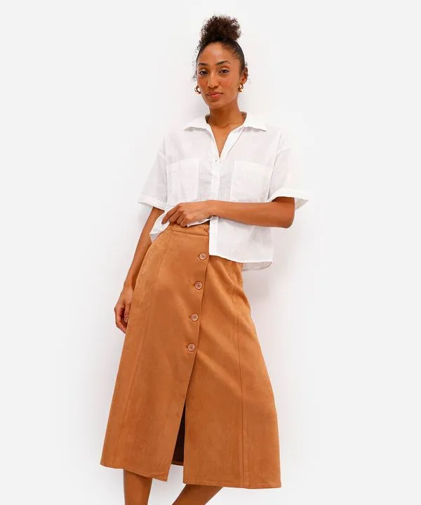 saia midi feminina de suede com fenda bege 42