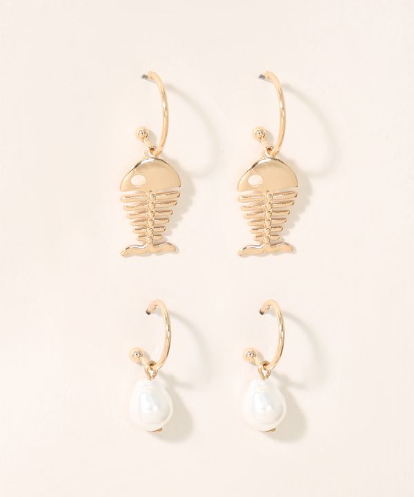 Kit de 2 Brincos Femininos Argolas com Peixe e Perola Dourado Único