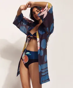 Kimono Saída de Praia Feline Estampado Dots Tropical com Transparência Manga 7/8 Preto M