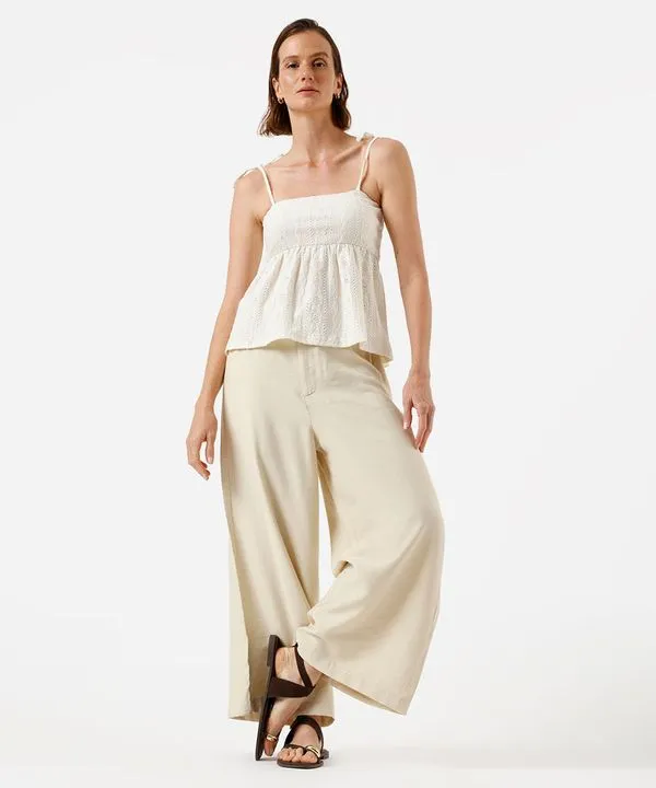 calça cropped feminina com viscose cós elástico texturizada bege 40