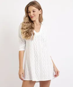 Vestido Feminino Curto em Laise Manga Longa Branco M