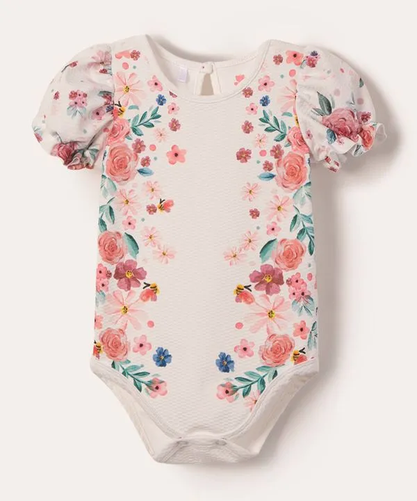 body infantil manga curta rosas off white 0-3