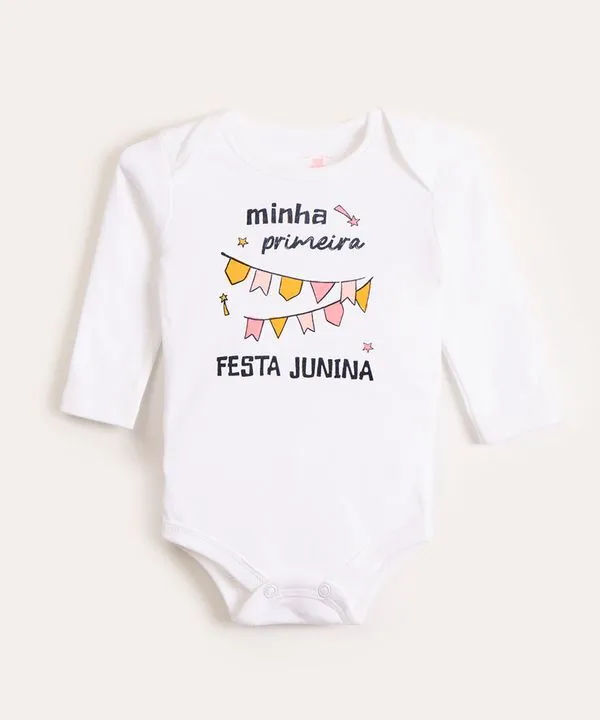 Body Infantil "Festa Junina" Manga Longa Decote Redondo Branco 0-3