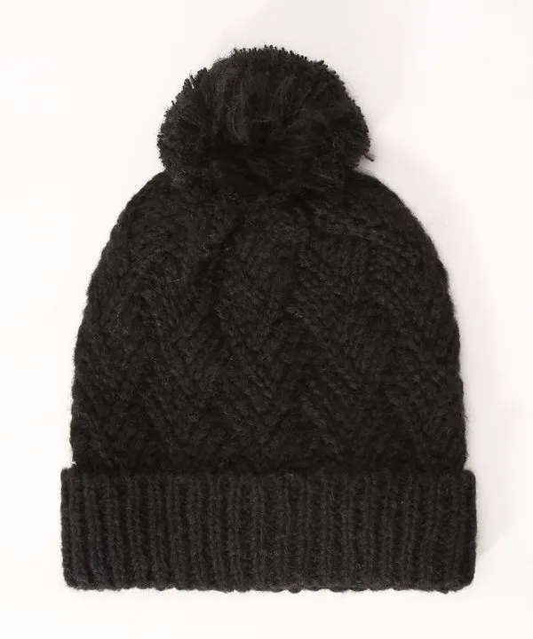 Gorro Feminino de Tricô Canelado com Pompom Preta Único