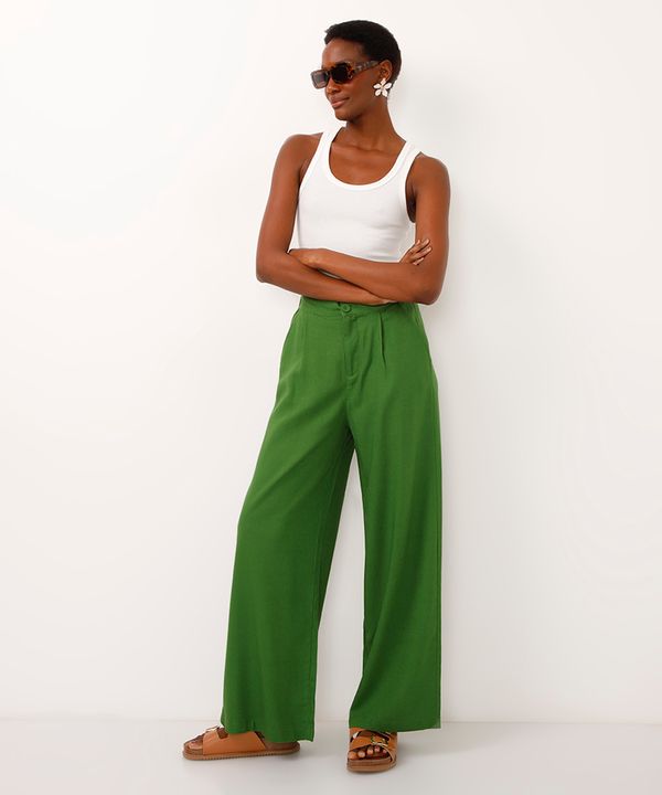 calça wide leg com linho e pregas verde 36