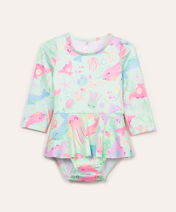 maiô infantil fundo do mar com babado manga longa e proteção uv verde claro 2