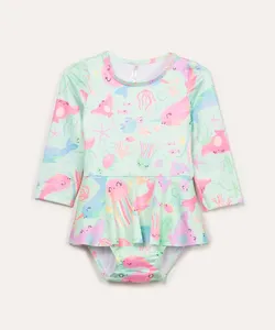 maiô infantil fundo do mar com babado manga longa e proteção uv verde claro 3