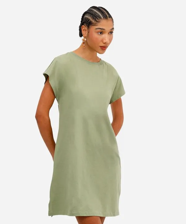 vestido curto básico manga curta areia - verde mate P