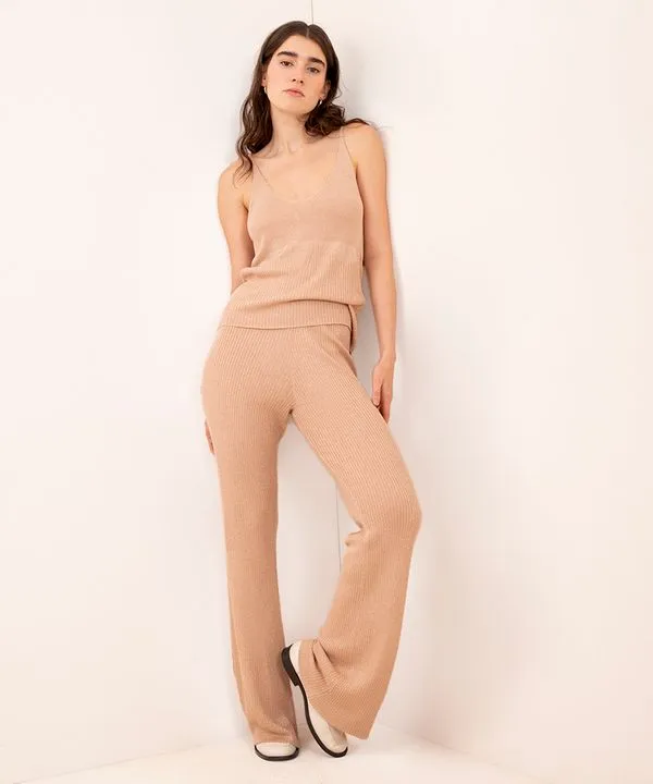 calça de tricot wide leg cintura alta com lurex mindset areia PP