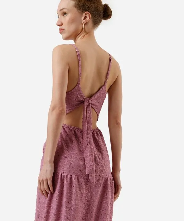 vestido midi alça fina feminino de laise com recortes lilás PP