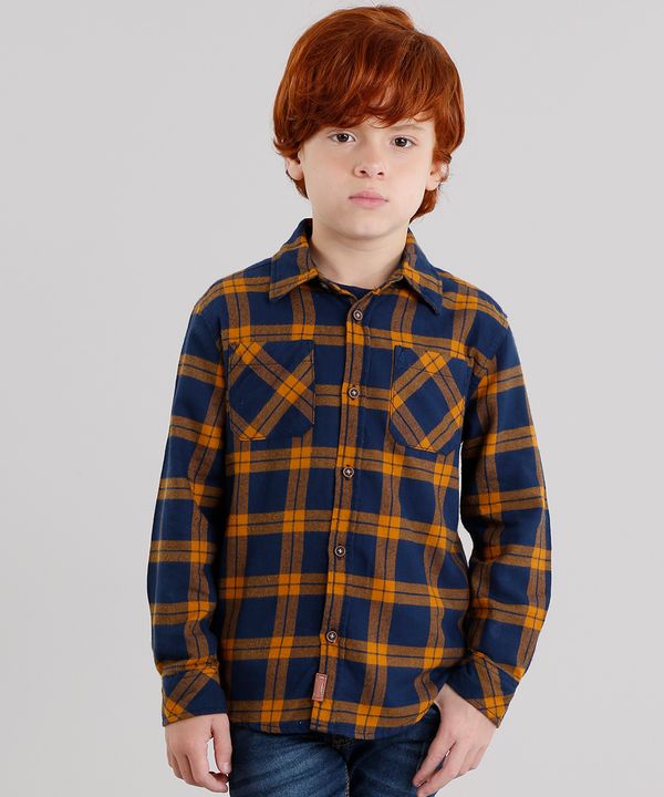 Camisa Infantil Xadrez em Flanela Manga Longa com Bolsos Azul Marinho 6
