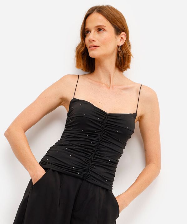 blusa feminina alça fina decote coração franzida com brilhos preta PP
