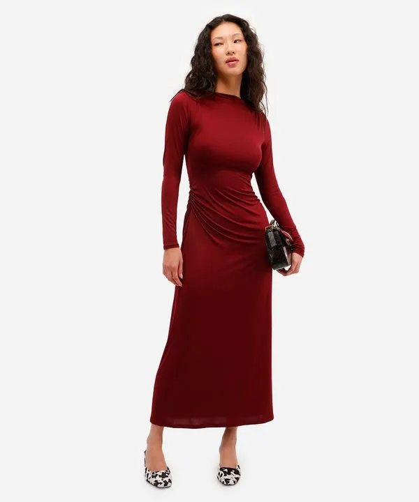 vestido longo feminino manga longa franzido vinho P