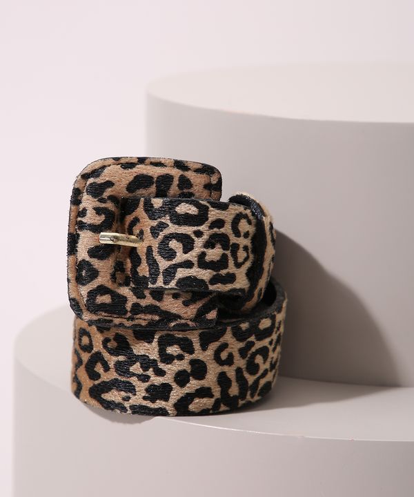 Cinto Feminino Médio de Pelo Animal Print Onça Marrom 100CM