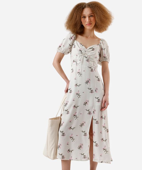 vestido midi feminino de viscose com fenda poá e floral bege PP