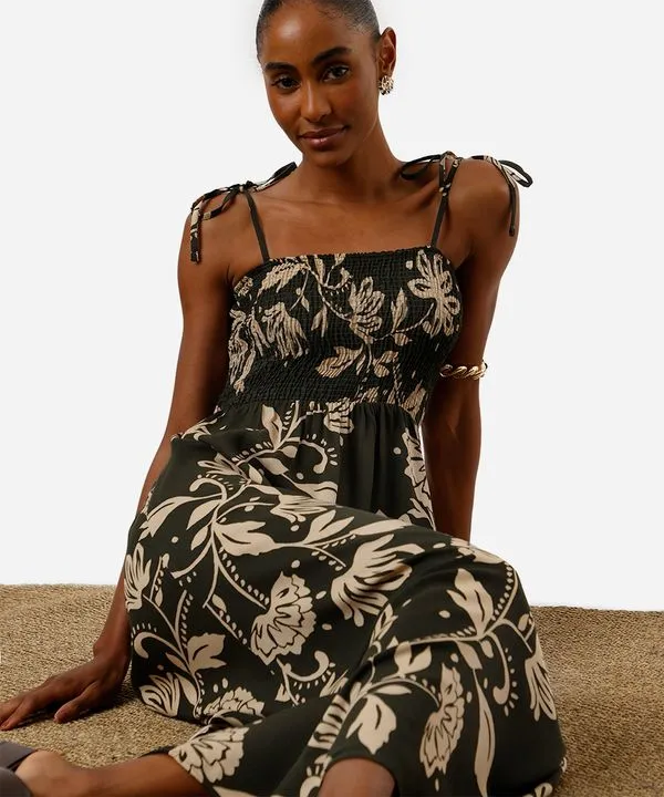 vestido midi feminino de viscose com lastex floral verde G