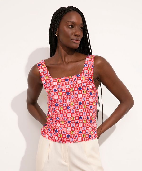 Regata de Viscose Estampada Lorena Vichy Alça Larga Decote Reto Mindset Lorena Moreira Multicor M