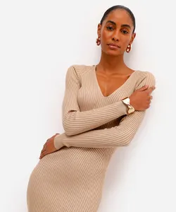 vestido midi feminino de tricot canelado bege GG