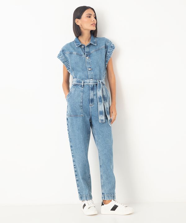 macacão jeans com cinto faixa azul M