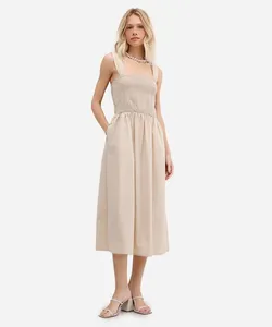 vestido midi feminino de algodão franzido bege GG