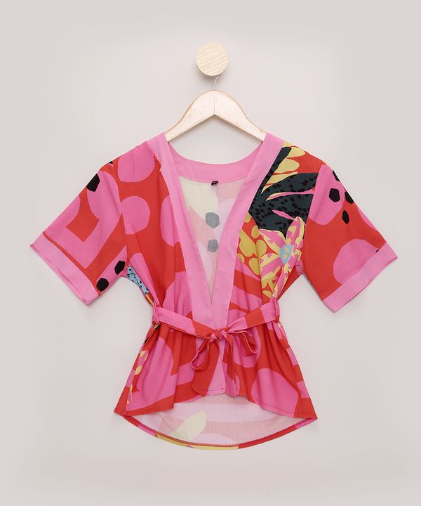 Kimono Infantil Kids Tal Mãe Tal Filha Feline Estampado Dots Tropical Manga Curta Vermelho 8