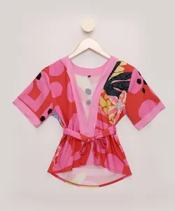 Kimono Infantil Kids Tal Mãe Tal Filha Feline Estampado Dots Tropical Manga Curta Vermelho 4