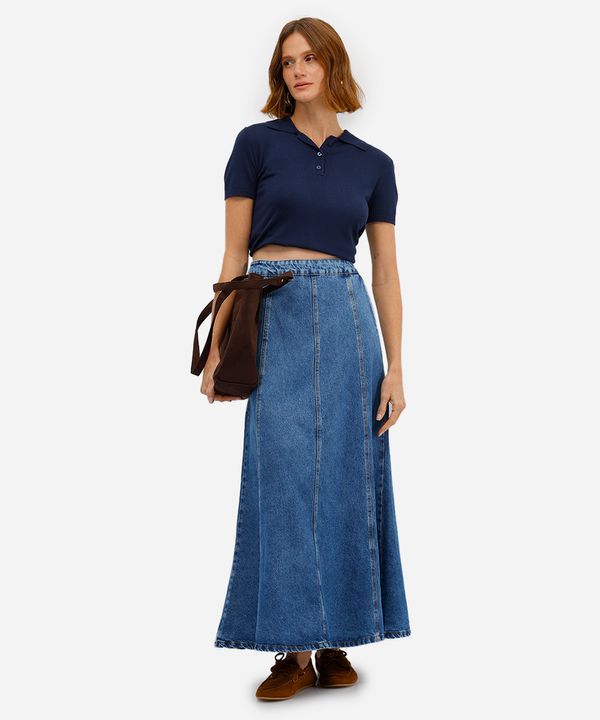 saia longa feminina jeans com recortes azul 36