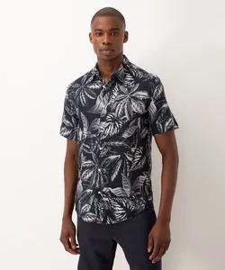 camisa de algodão folhagem manga curta azul marinho M