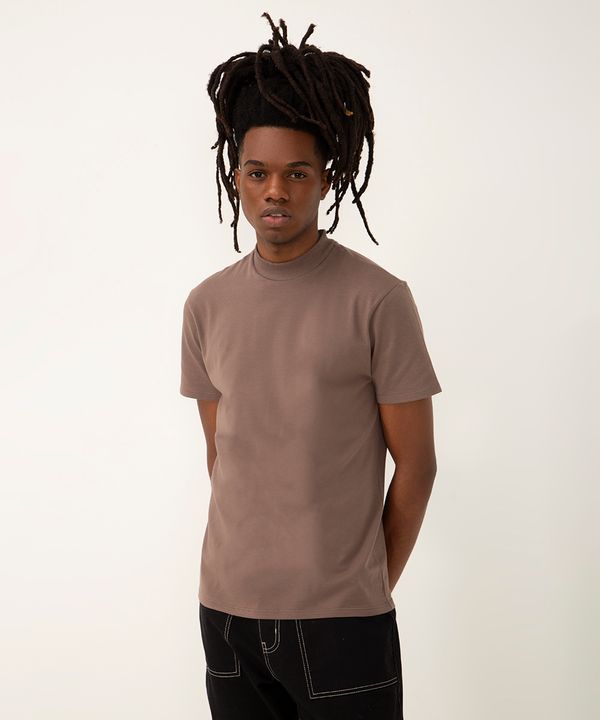 camisa de algodão slim manga curta marrom GG