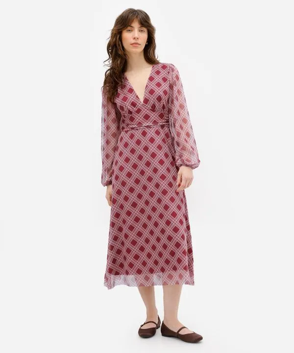 vestido midi feminino de tule xadrez vinho M