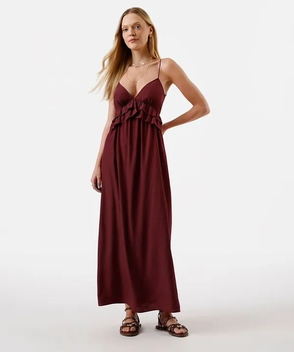 vestido midi feminino alça fina com babados vinho M