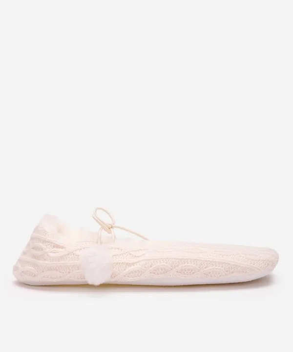 pantufa feminina de tricot com amarração e antiderrapante bege G