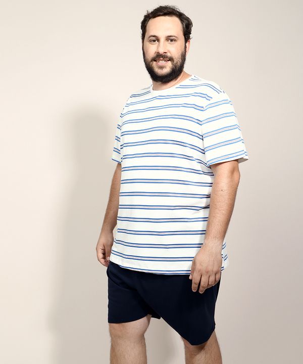 Pijama Masculino Plus Size com Listras Manga Curta Off White XXG