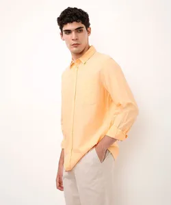 camisa comfort com linho manga longa laranja G
