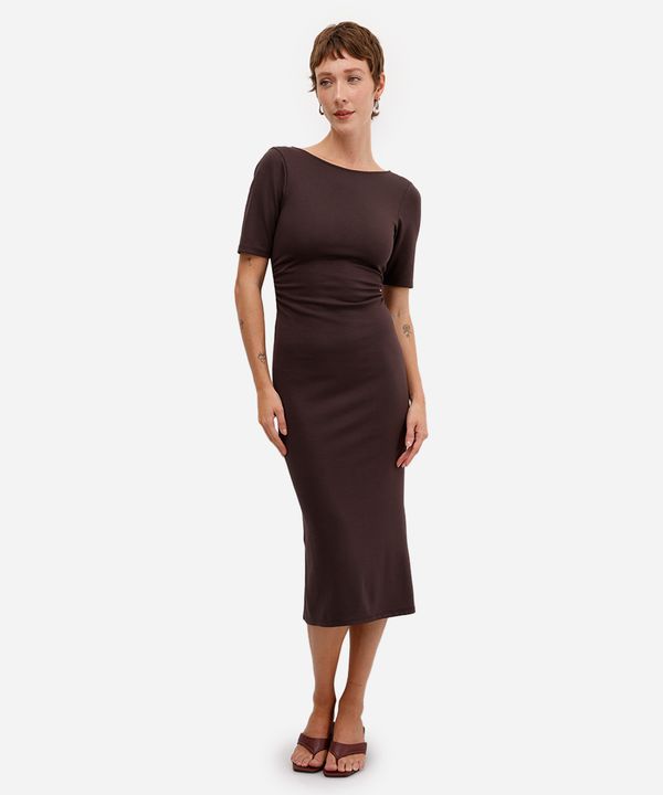 vestido midi feminino franzido com fenda marrom M