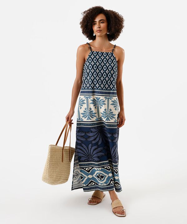 vestido midi alça fina feminino com viscose e fendas estampado azul P