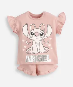 conjunto curto infantil de algodão stitch com paetê rosa 2